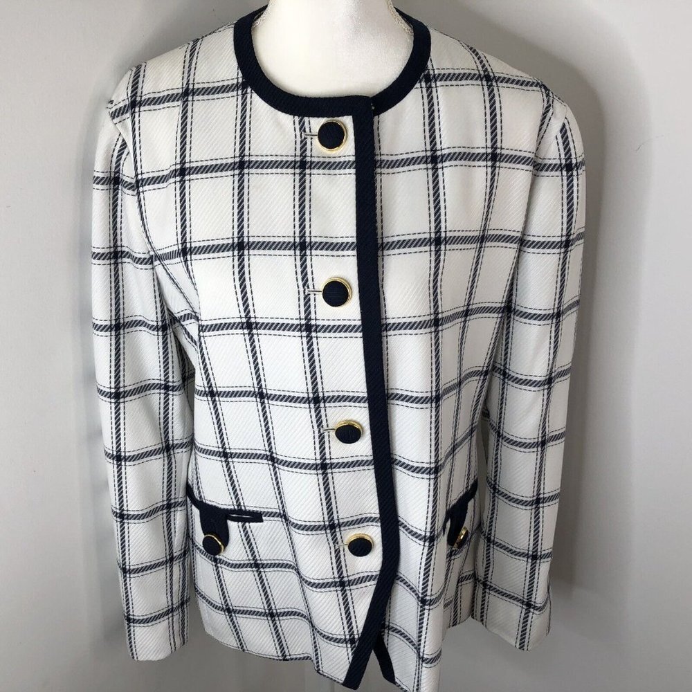 Executive Collection Womens Blazer Jacket Sz 14 White Blue Stripes Front Pockets - Picture 2 of 12
